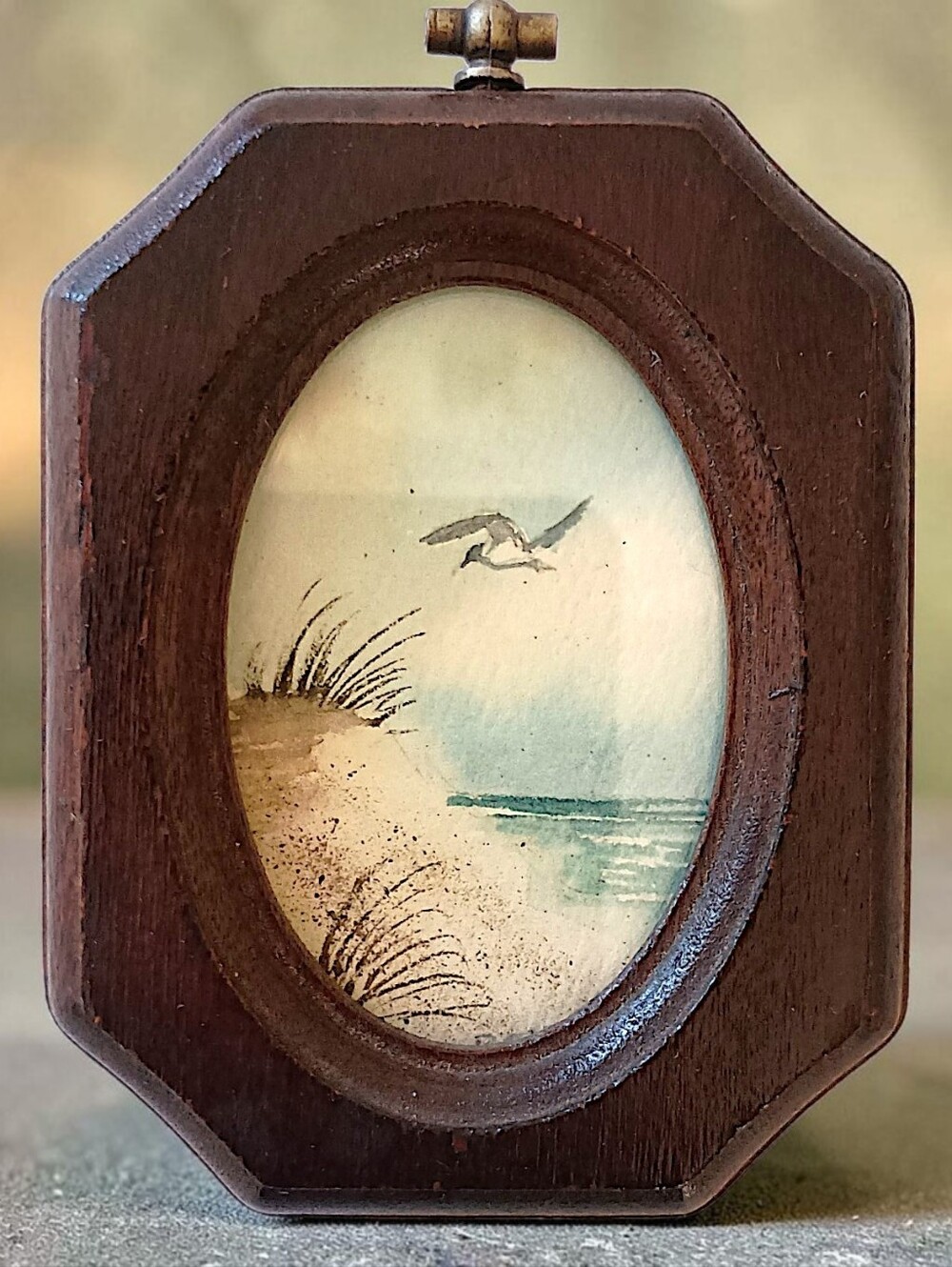 Vintage Miniature Watercolor Framed Seagull Beach Seascape Wood TINY Coastal Art